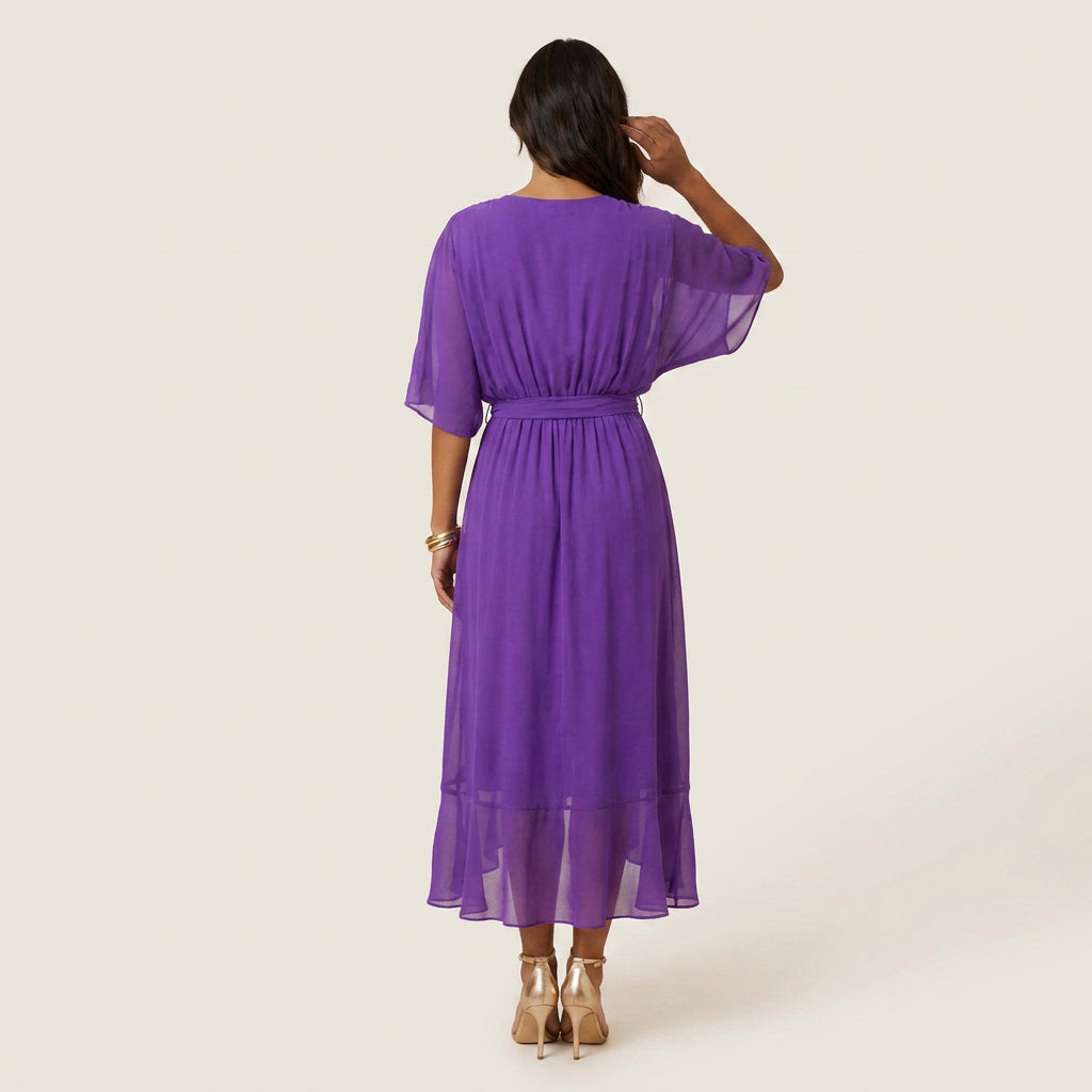 Women's Chiffon Wrap Midi Dress with Flutter Sleeves