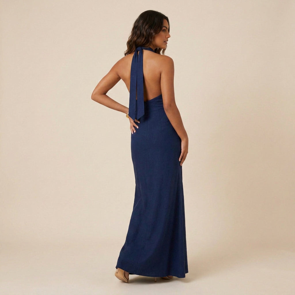 Women's Long Halter Dress with V-Neckline and Open Back