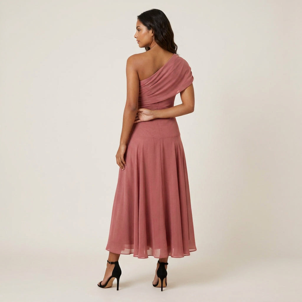 Women's One-Shoulder Midi Dress – Draped Chiffon-Effect Gown