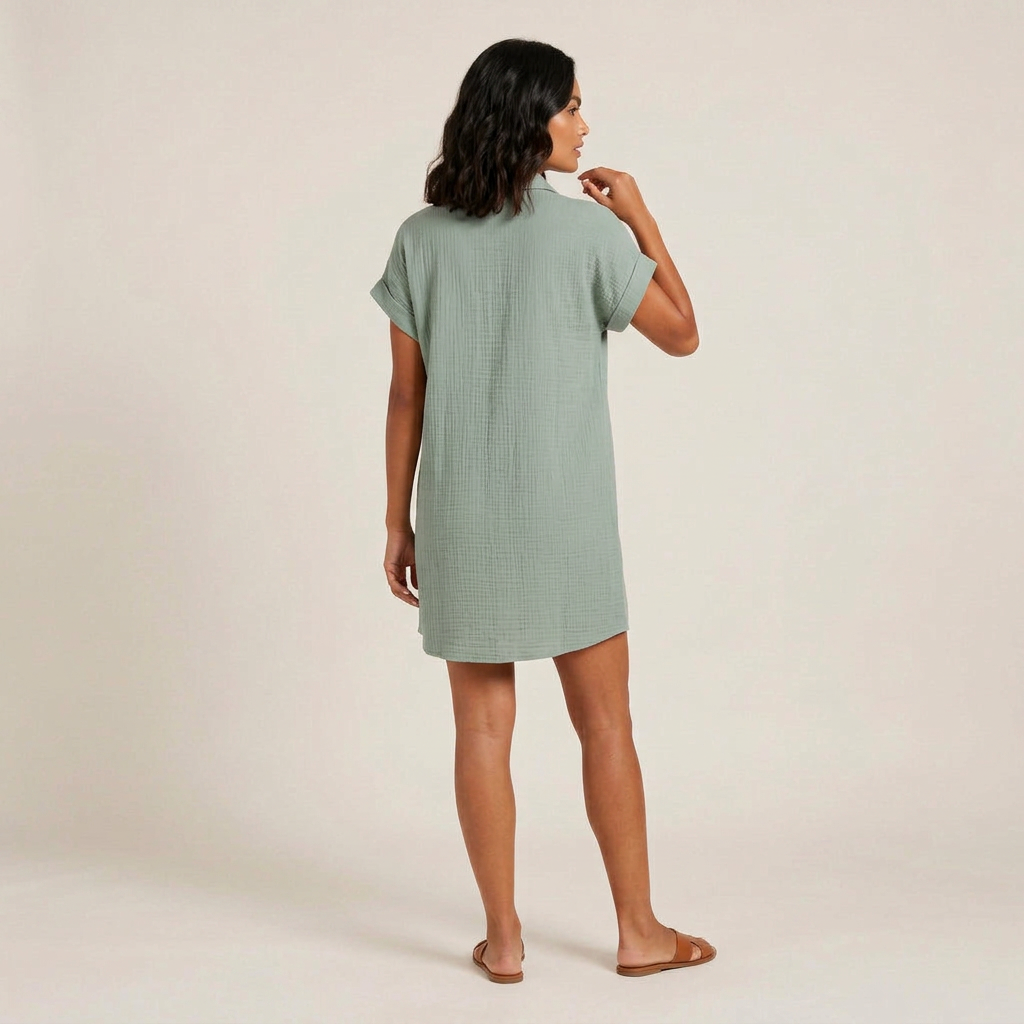 Women's Shirt Dress Muslin Cotton Wooden Buttons Pockets