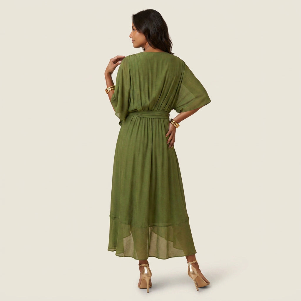 Women's Chiffon Wrap Midi Dress with Flutter Sleeves