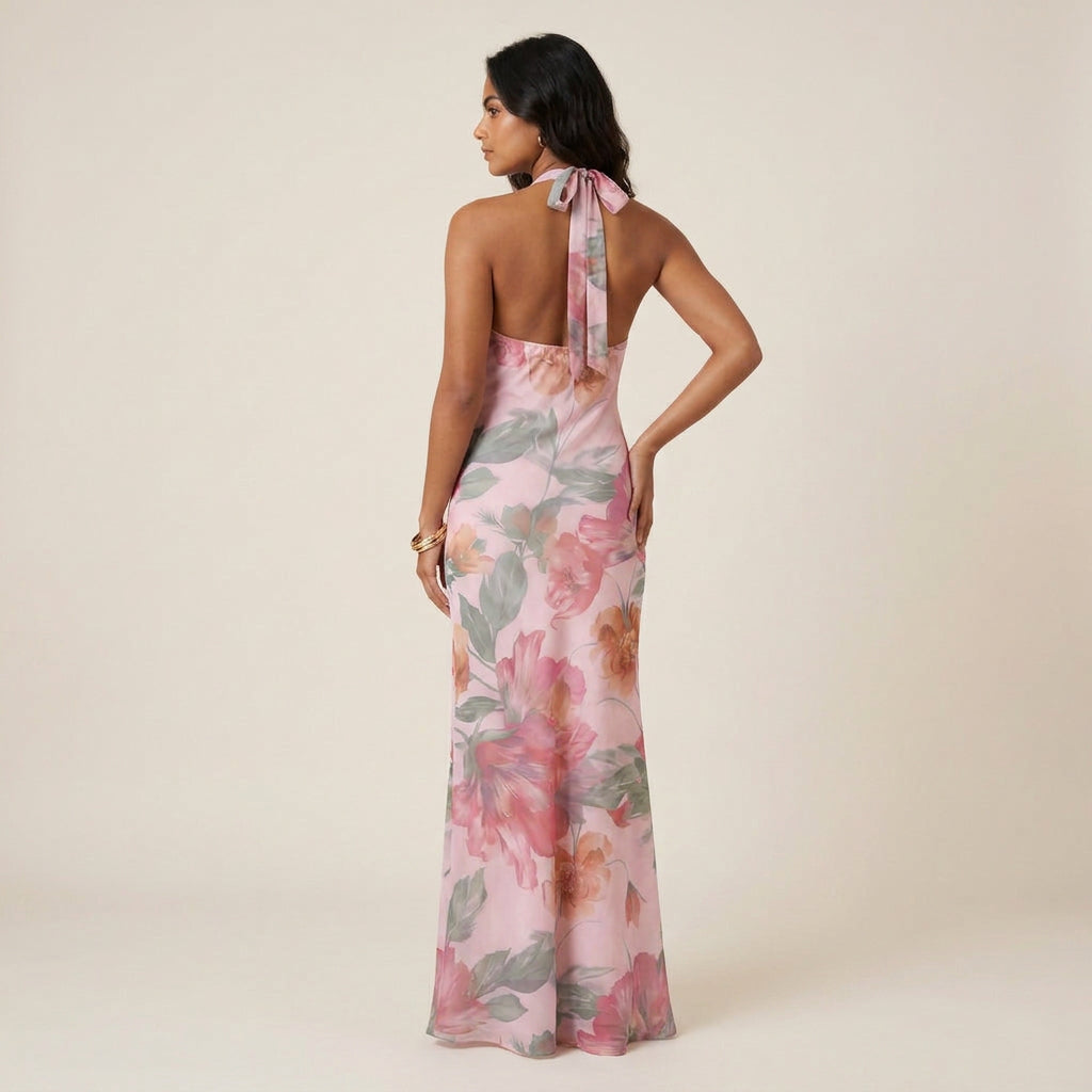 Women's Long Halter Dress with V-Neckline and Open Back
