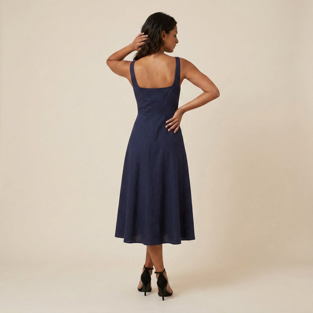 Women's Midi Dress Square Neck Flared Skirt
