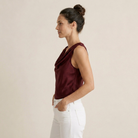 Women's Sleeveless Satin Top with Draped Cowl Neck