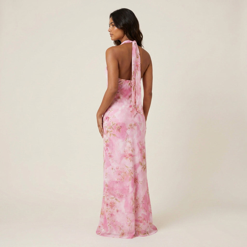 Women's Long Halter Dress with V-Neckline and Open Back