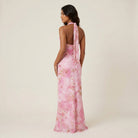 Women's Long Halter Dress with V-Neckline and Open Back