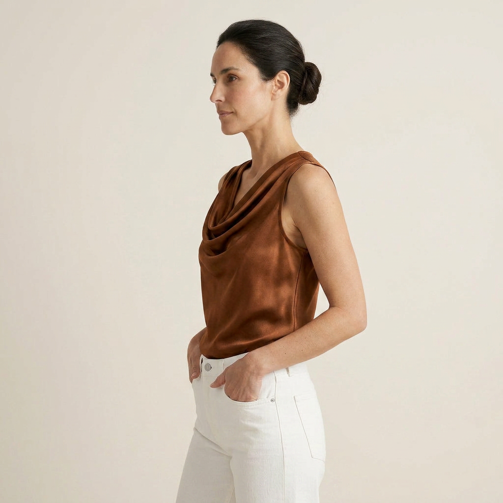 Women's Sleeveless Satin Top with Draped Cowl Neck