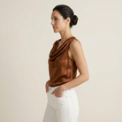 Women's Sleeveless Satin Top with Draped Cowl Neck