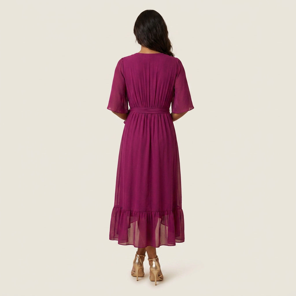 Women's Chiffon Wrap Midi Dress with Flutter Sleeves