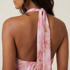 Women's Long Halter Dress with V-Neckline and Open Back