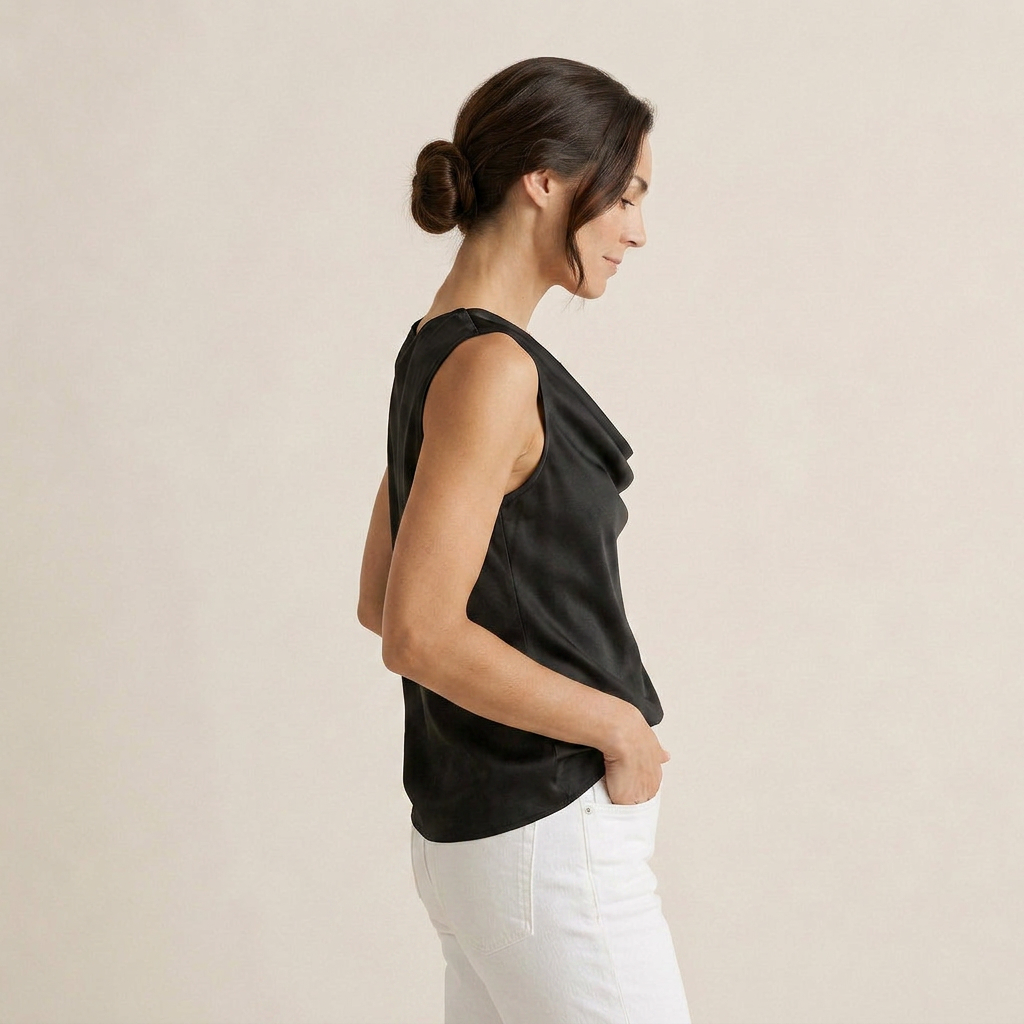 Women's Sleeveless Satin Top with Draped Cowl Neck