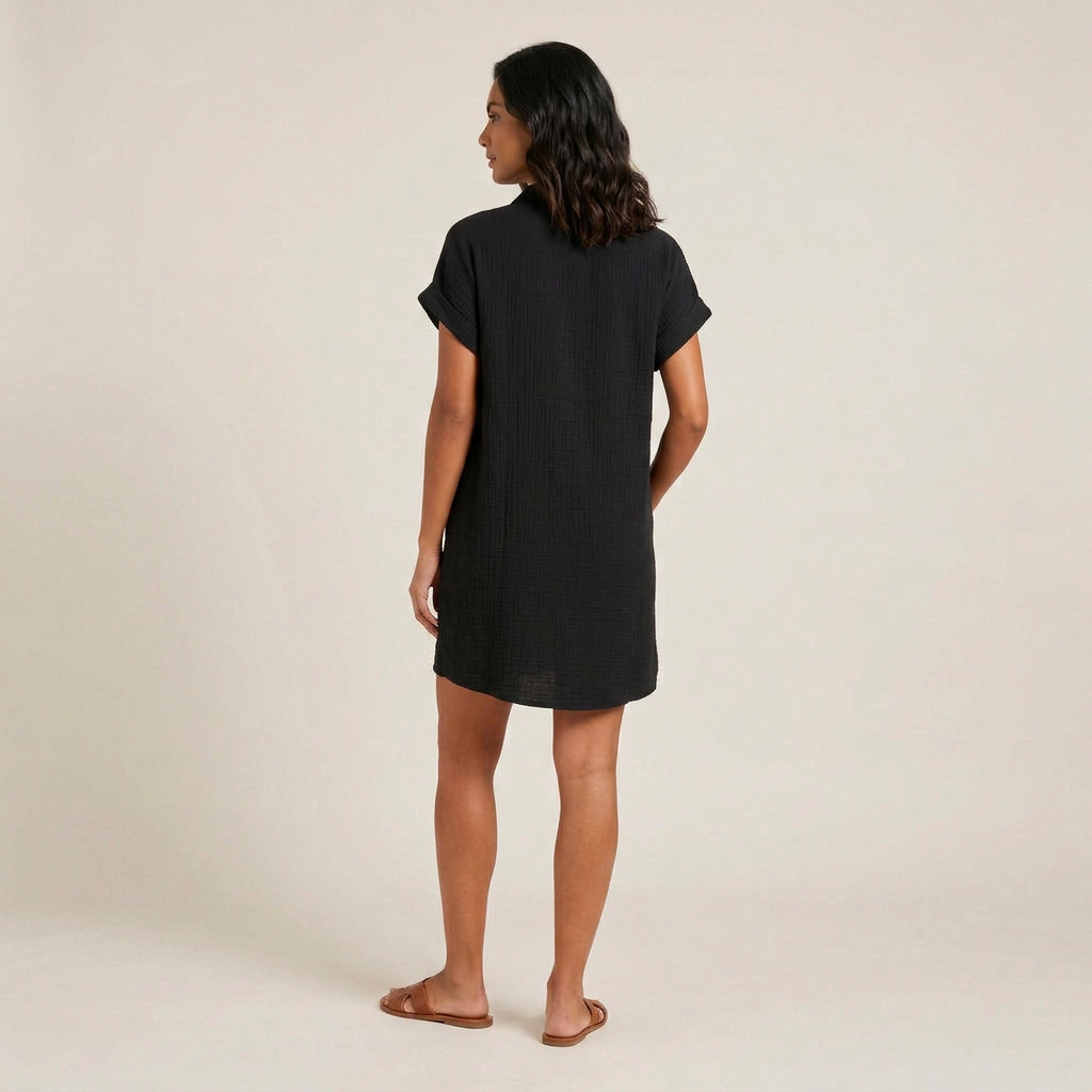 Women's Shirt Dress Muslin Cotton Wooden Buttons Pockets