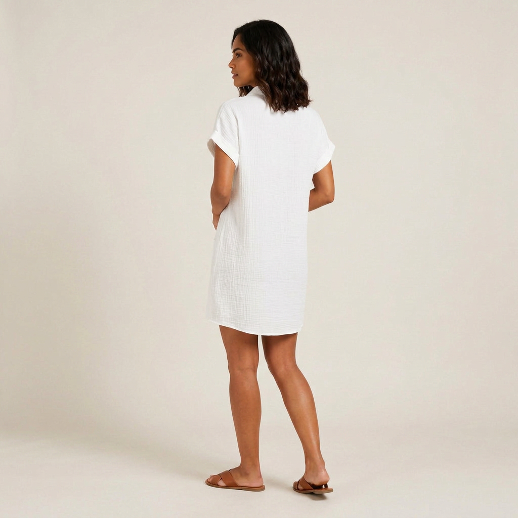 Women's Shirt Dress Muslin Cotton Wooden Buttons Pockets