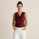 Women's Sleeveless Satin Top with Draped Cowl Neck