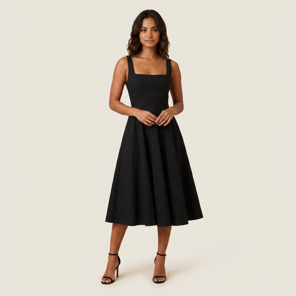 Women's Midi Dress Square Neck Flared Skirt