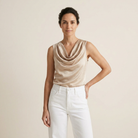 Women's Sleeveless Satin Top with Draped Cowl Neck