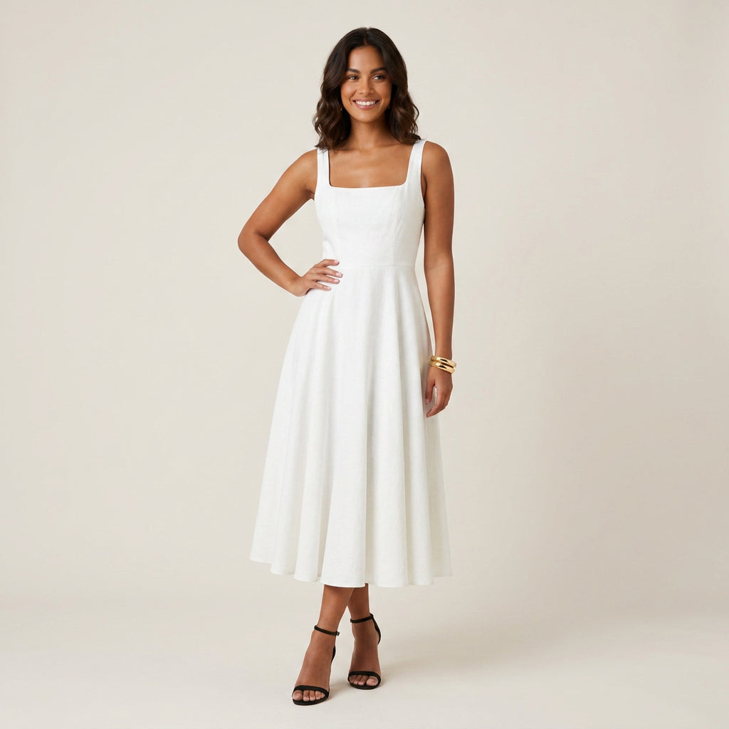 Women's Midi Dress Square Neck Flared Skirt