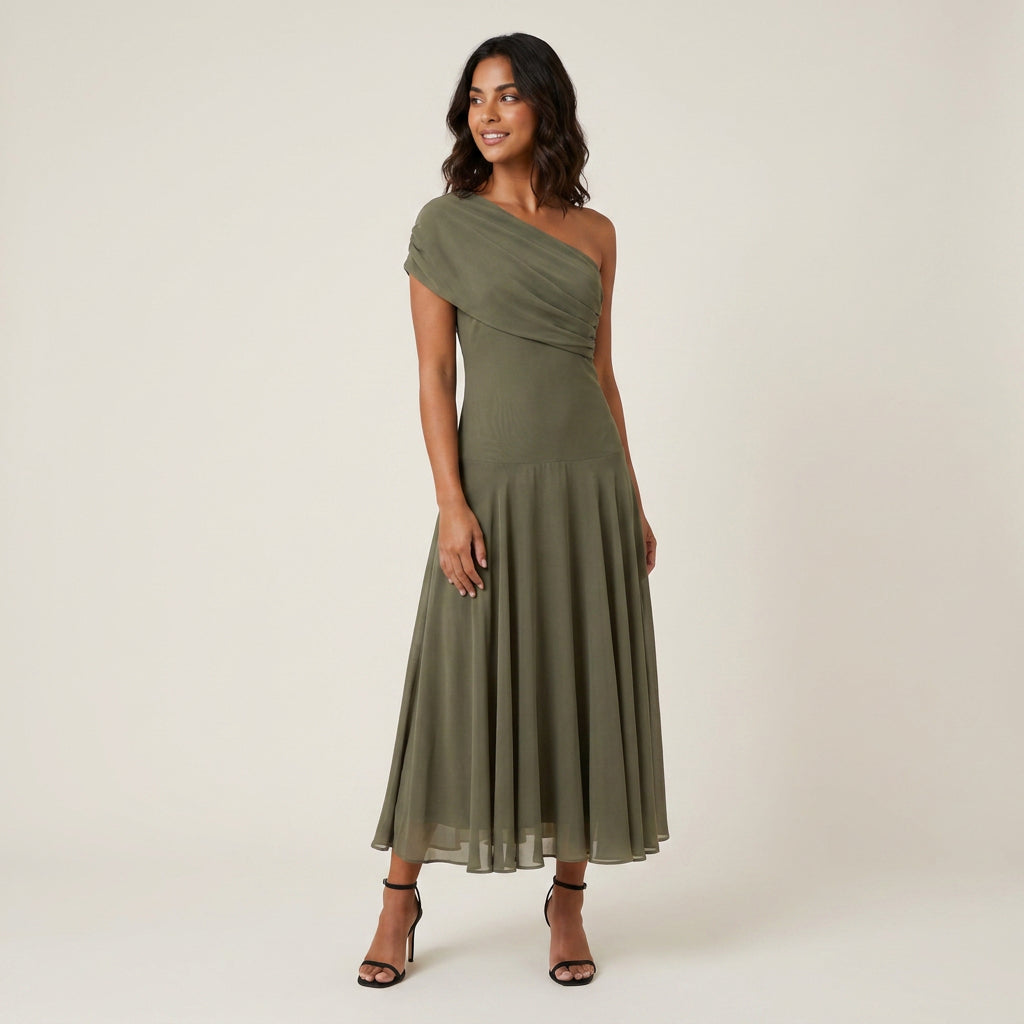 Women's One-Shoulder Midi Dress – Draped Chiffon-Effect Gown