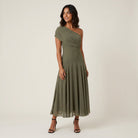 Women's One-Shoulder Midi Dress – Draped Chiffon-Effect Gown