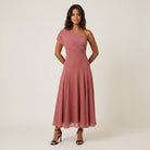 Women's One-Shoulder Midi Dress – Draped Chiffon-Effect Gown