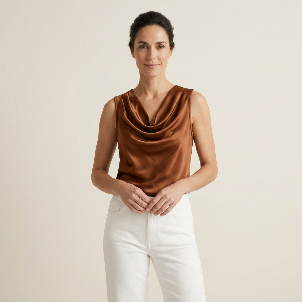 Women's Sleeveless Satin Top with Draped Cowl Neck