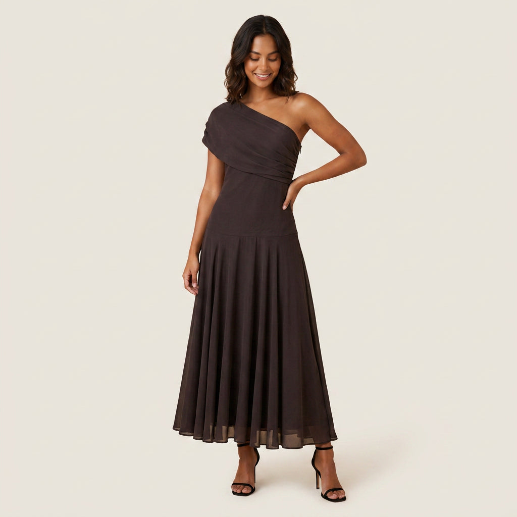 Women's One-Shoulder Midi Dress – Draped Chiffon-Effect Gown