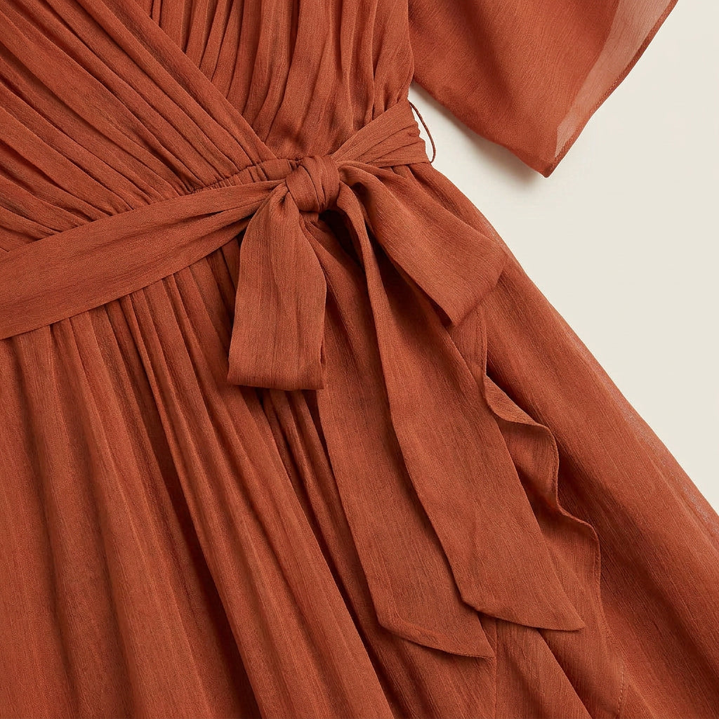 Women's Chiffon Wrap Midi Dress with Flutter Sleeves