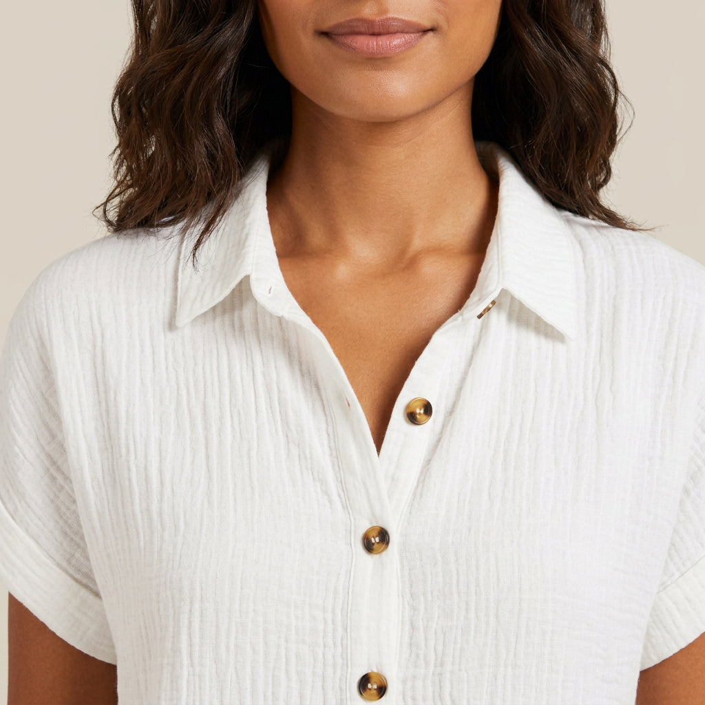 Women's Shirt Dress Muslin Cotton Wooden Buttons Pockets