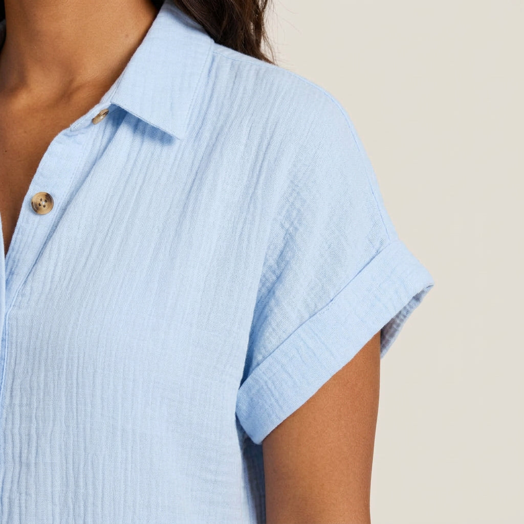Women's Shirt Dress Muslin Cotton Wooden Buttons Pockets