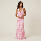 Women's Long Halter Dress with V-Neckline and Open Back