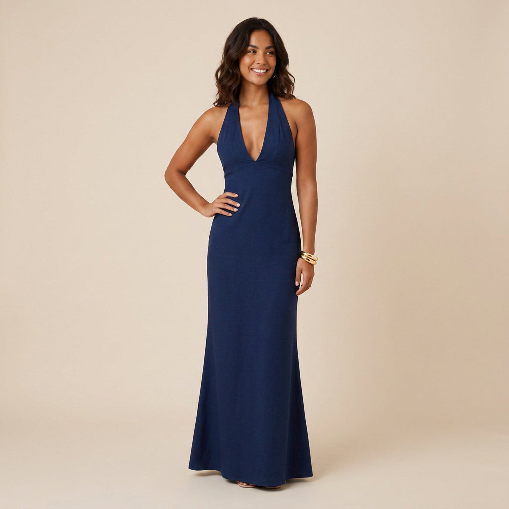 Women's Long Halter Dress with V-Neckline and Open Back