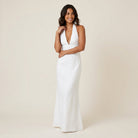 Women's Long Halter Dress with V-Neckline and Open Back