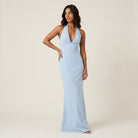 Women's Long Halter Dress with V-Neckline and Open Back
