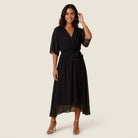 Women's Chiffon Wrap Midi Dress with Flutter Sleeves