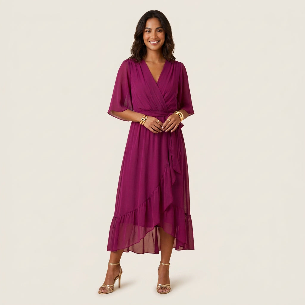 Women's Chiffon Wrap Midi Dress with Flutter Sleeves