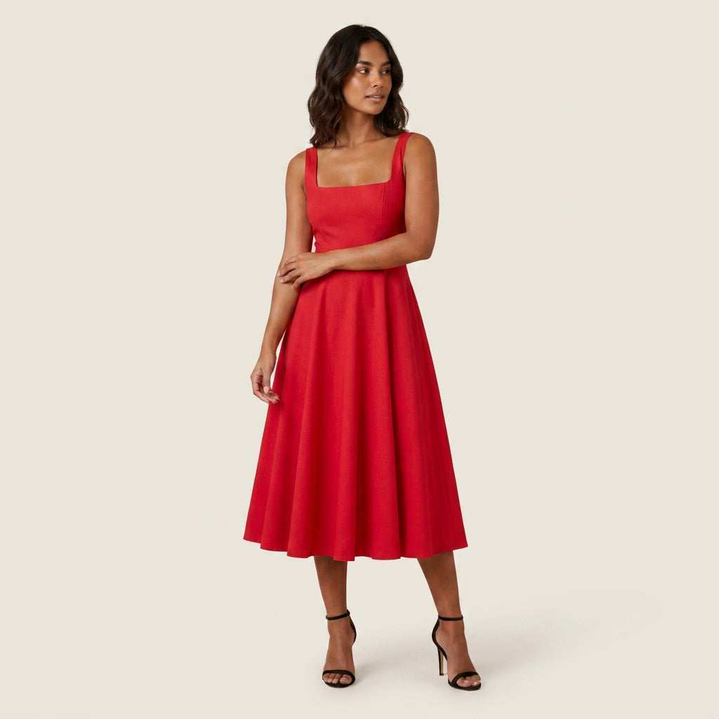 Women's Midi Dress Square Neck Flared Skirt