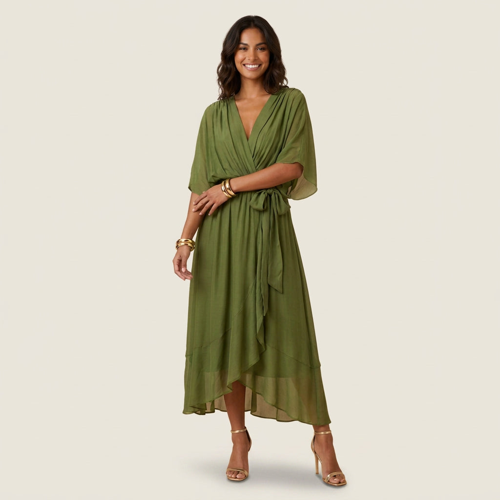 Women's Chiffon Wrap Midi Dress with Flutter Sleeves