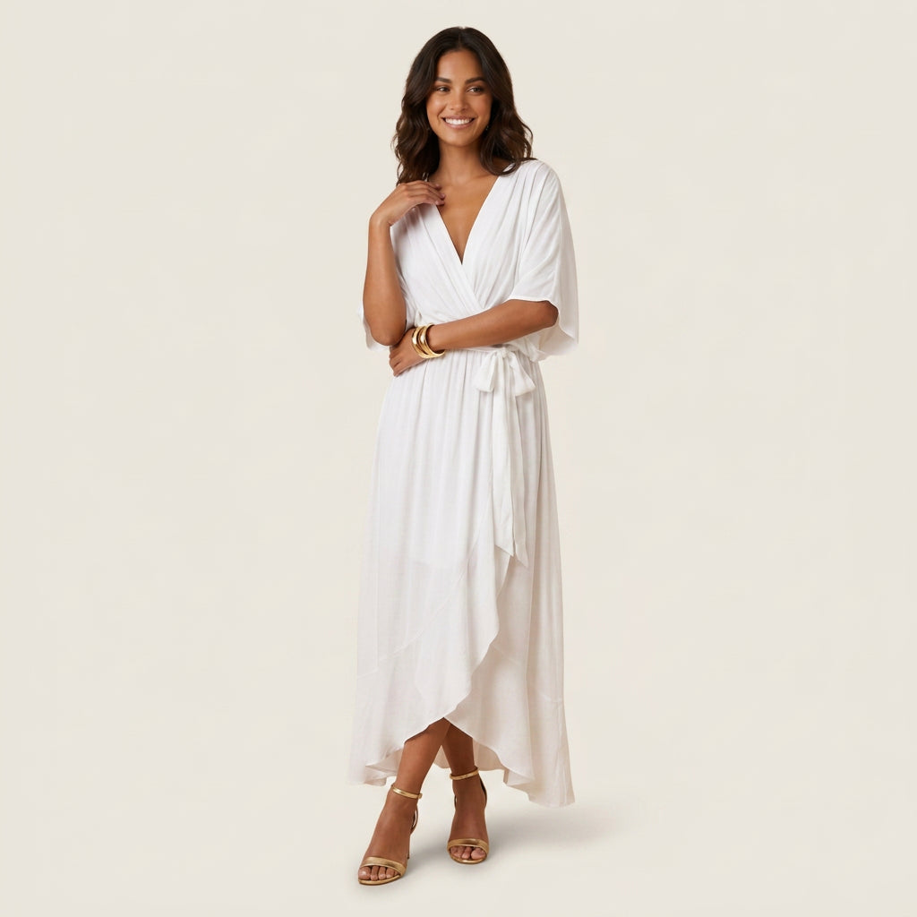 Women's Chiffon Wrap Midi Dress with Flutter Sleeves