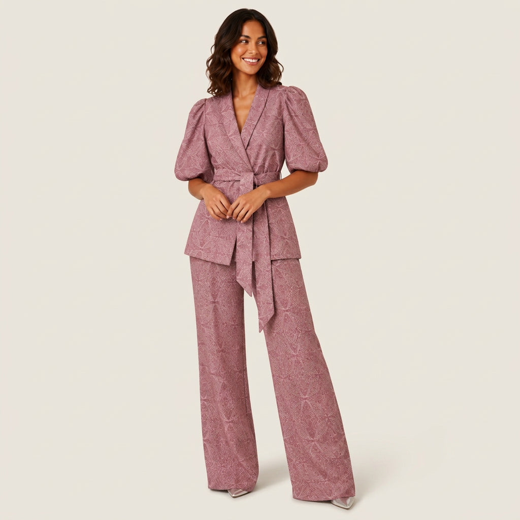 Women's Kimono Jacket & Wide-Leg Trousers Co-Ord Set – Geometric Print