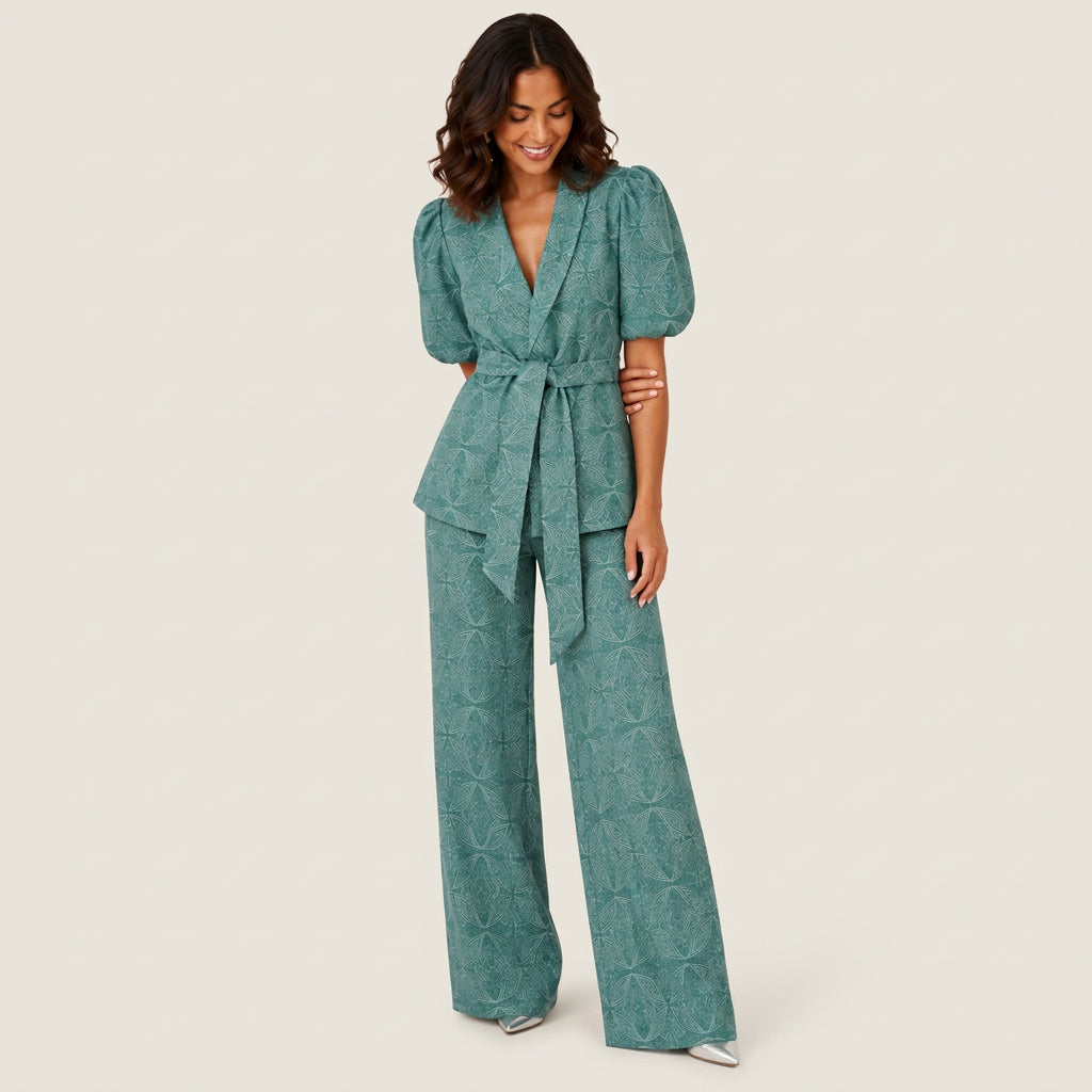 Women's Kimono Jacket & Wide-Leg Trousers Co-Ord Set – Geometric Print