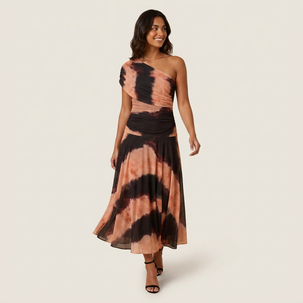 Women's One-Shoulder Midi Dress – Draped Chiffon-Effect Gown