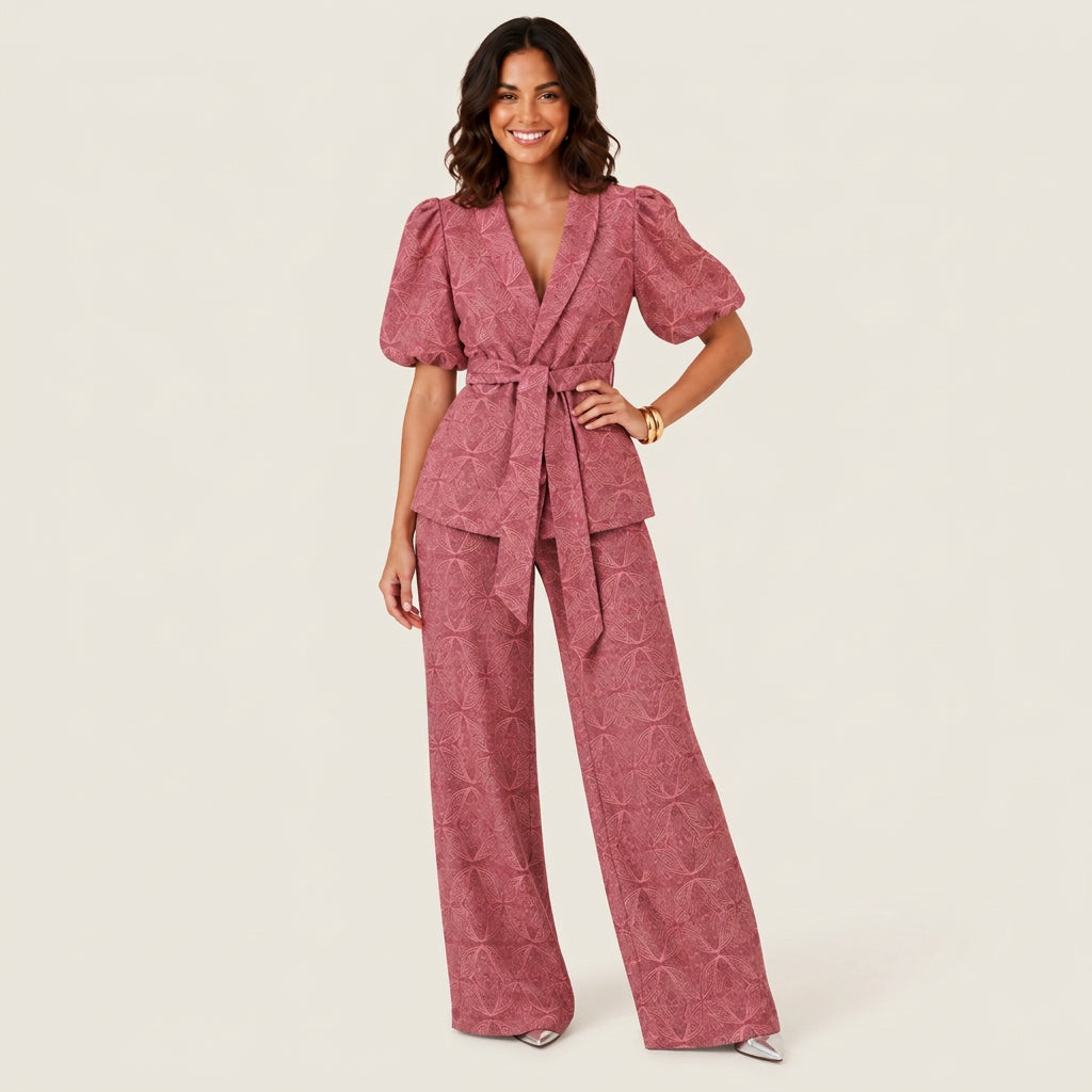 Women's Kimono Jacket & Wide-Leg Trousers Co-Ord Set – Geometric Print