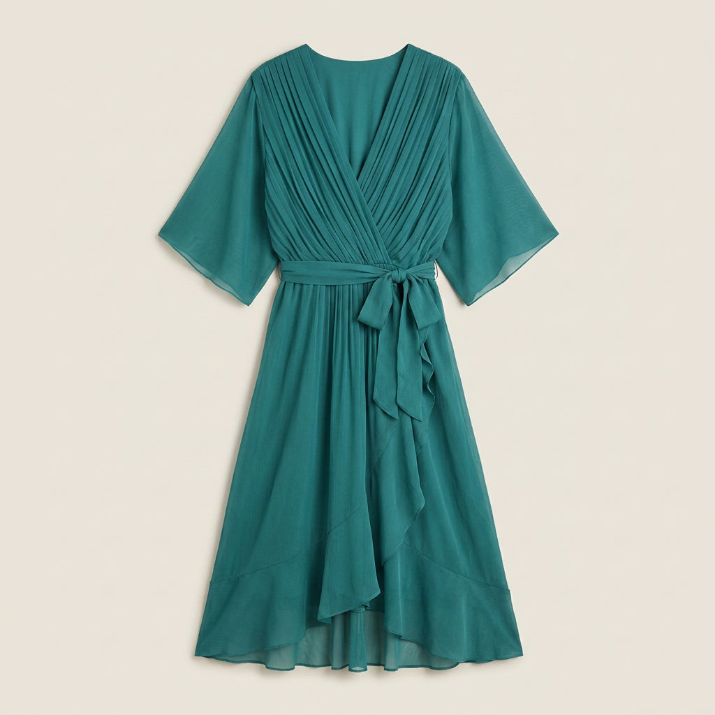 Women's Chiffon Wrap Midi Dress with Flutter Sleeves