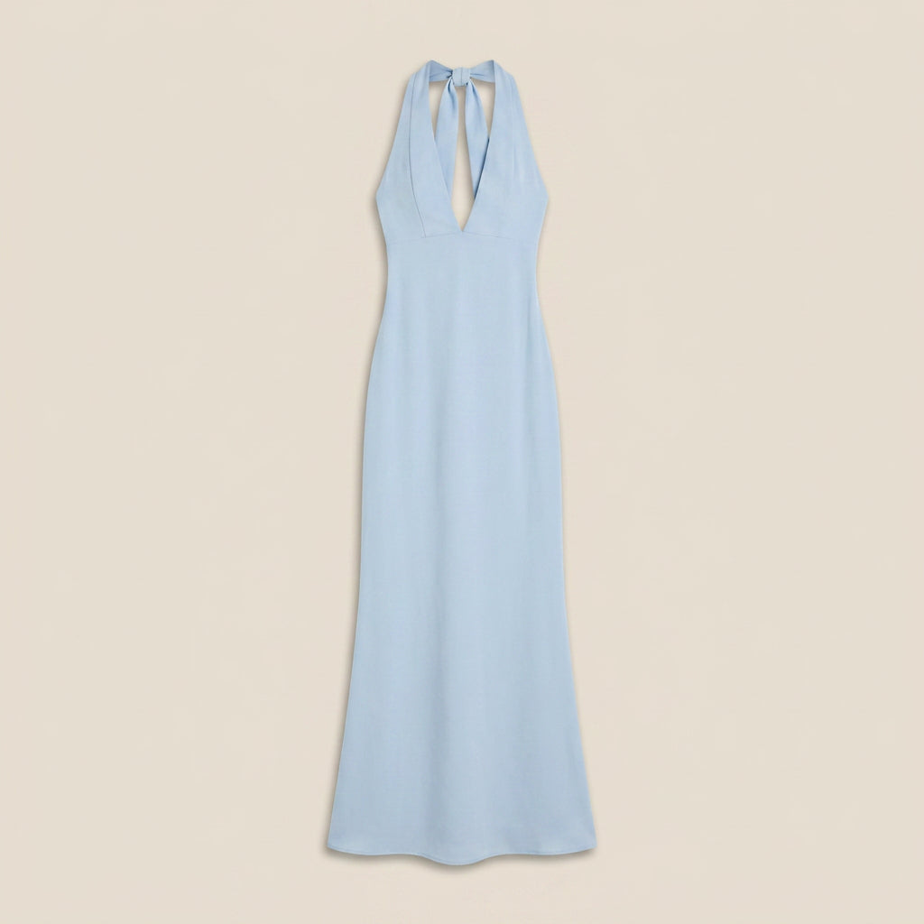 Women's Long Halter Dress with V-Neckline and Open Back