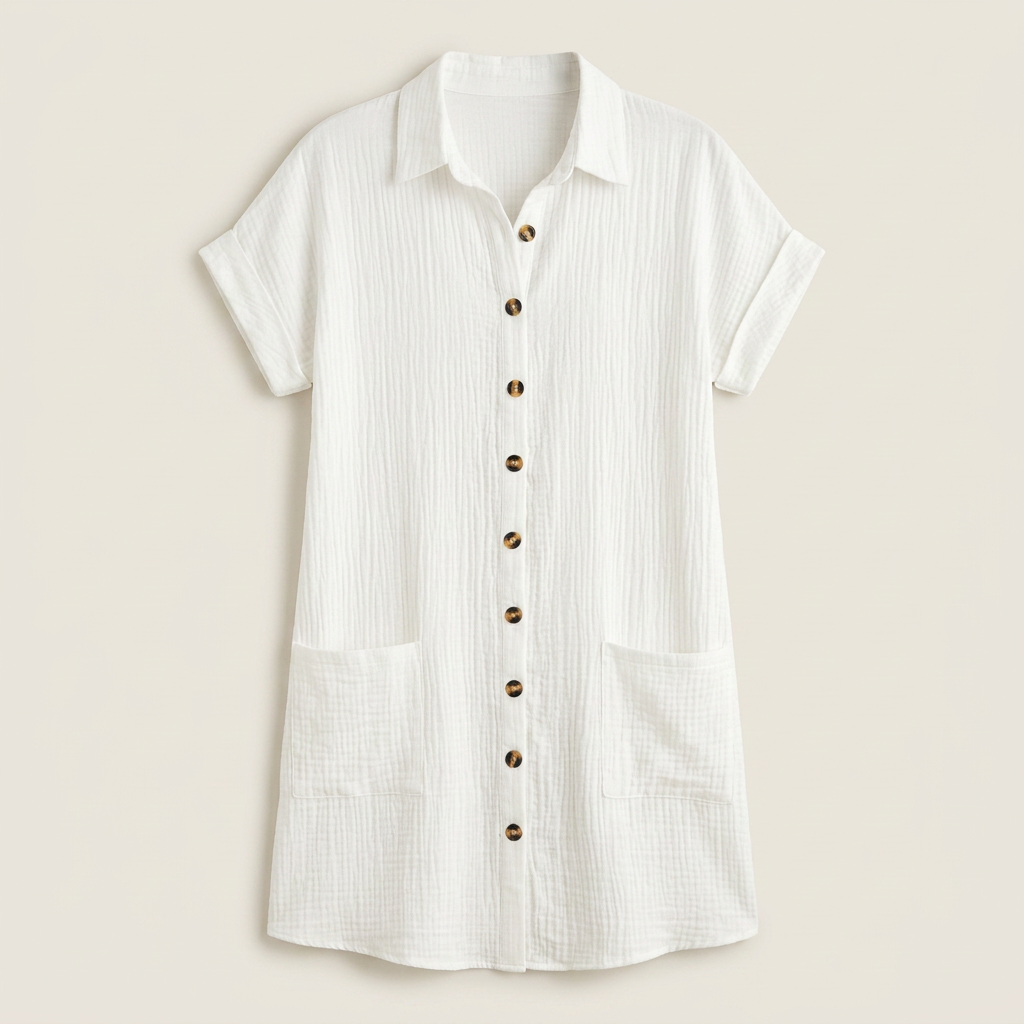 Women's Shirt Dress Muslin Cotton Wooden Buttons Pockets