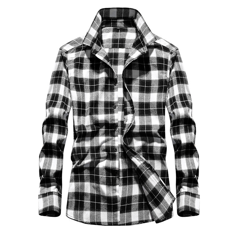 Men's Plaid Flannel Shirt with Kent Collar and Button Placket