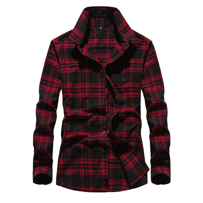 Men's Plaid Flannel Shirt with Kent Collar and Button Placket