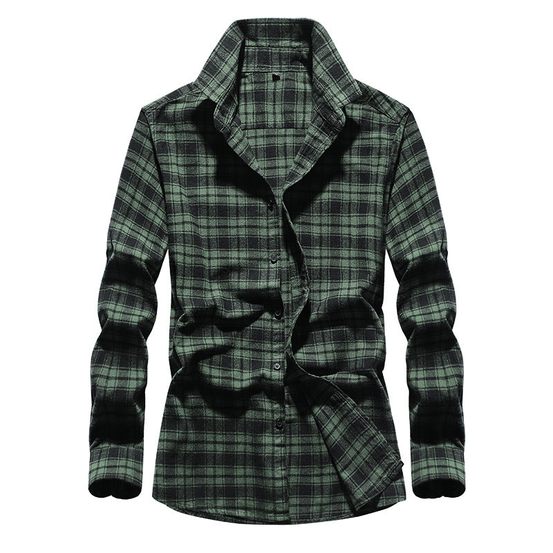 Men's Plaid Flannel Shirt with Kent Collar and Button Placket