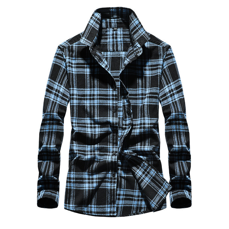 Men's Plaid Flannel Shirt with Kent Collar and Button Placket