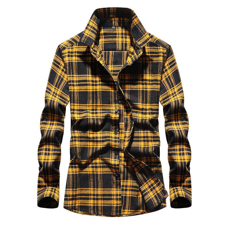 Men's Plaid Flannel Shirt with Kent Collar and Button Placket